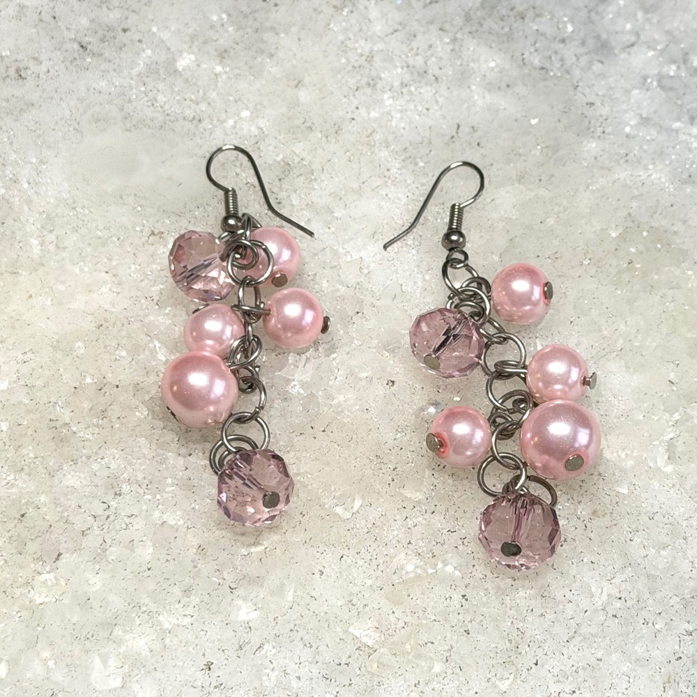 Pink Faux Pearl Bead Cluster Dangle Earrings Boho Coquette Fairycore Whimsical
